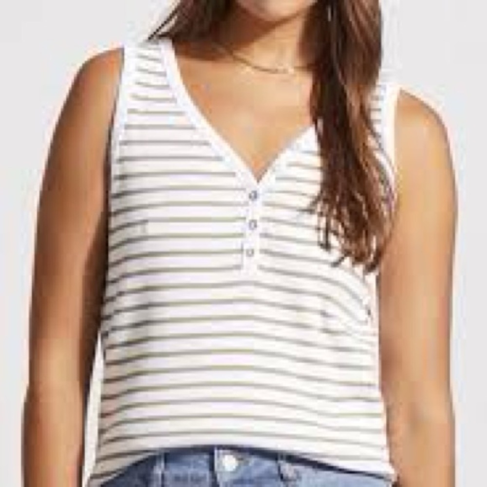 White w/black stripes. Lightweight, sleeveless V-Neck with nice button design. S